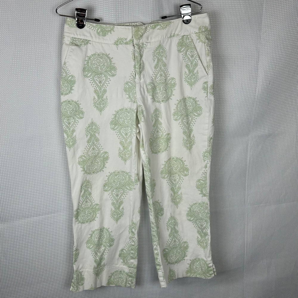 Vintage Stretch Green Paisley Medallion White Cropped Pants Womens 10 Dockers